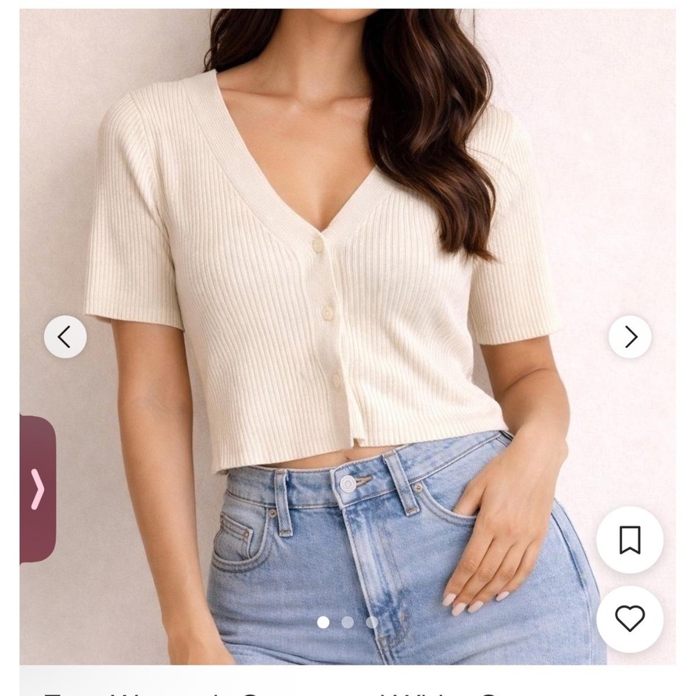 Zara Ribbed Short Sleeve Cardigan Cream VNeck Button Front Crop Top Small